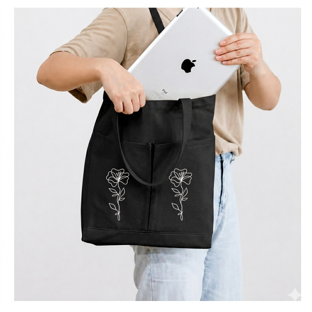 Reusable Cotton Canvas Tote Bag with Dual Pockets