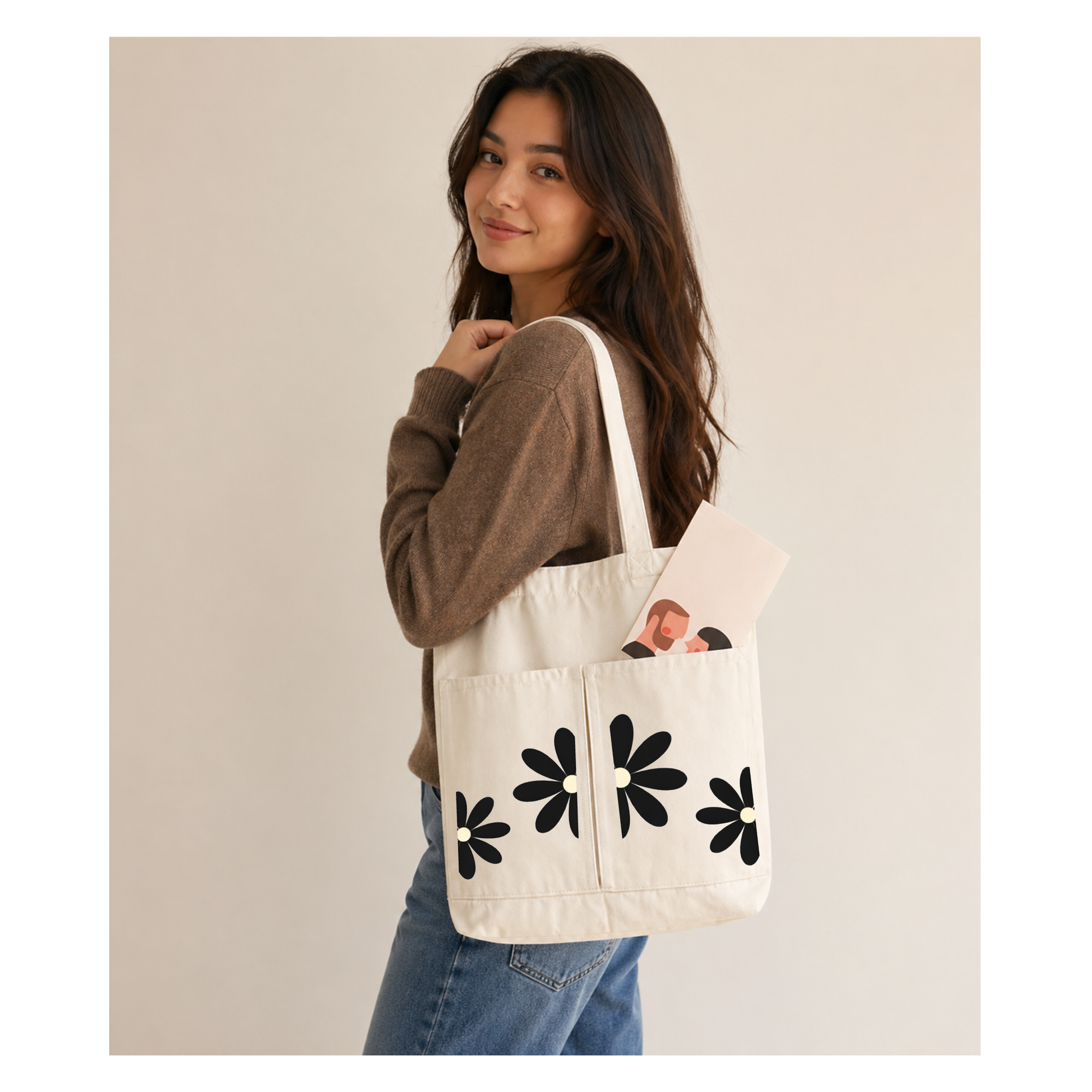 2-Pocket Canvas Tote Bag – Reusable Heavy-Duty Cotton Shopping Tote with Dual Front Pockets