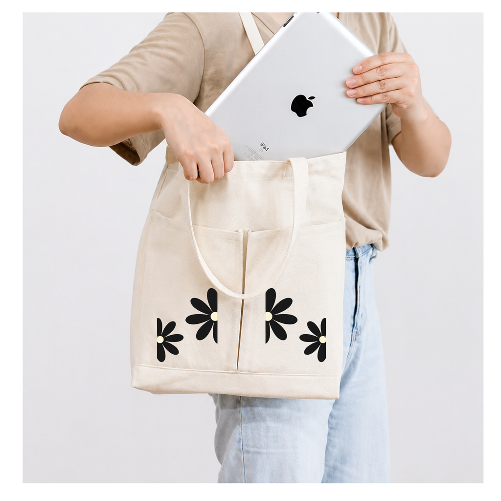2-Pocket Canvas Tote Bag – Reusable Heavy-Duty Cotton Shopping Tote with Dual Front Pockets