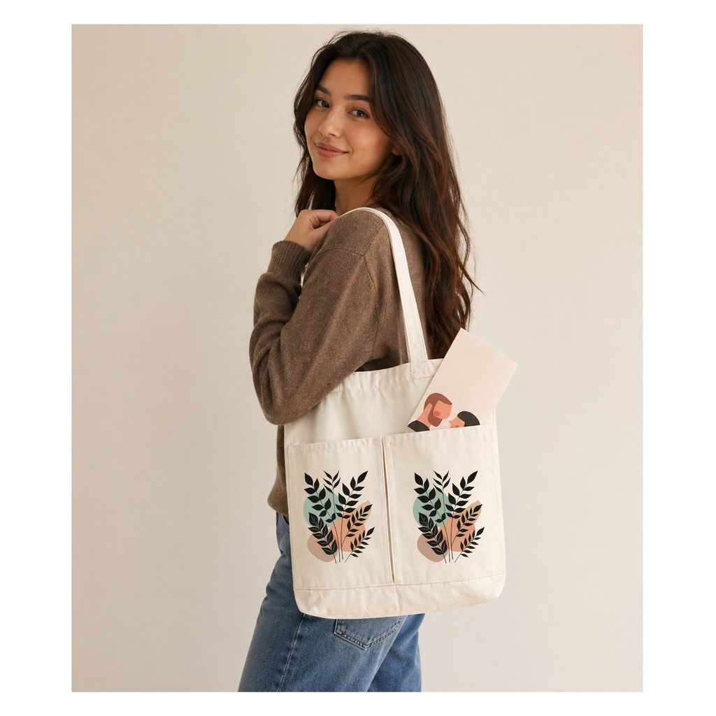 2-Pocket Canvas Tote Bag – Reusable Heavy-Duty Cotton Shopping Tote with Dual Front Pockets (Copy)